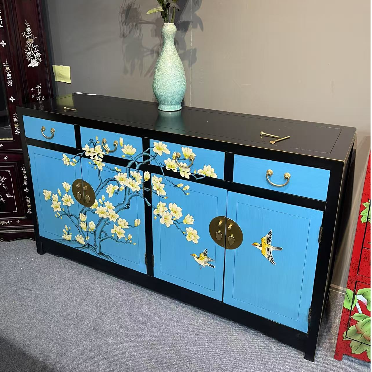 金煌轩160*45*90新中式客厅四斗四门柜彩绘香樟木柜家用收纳柜