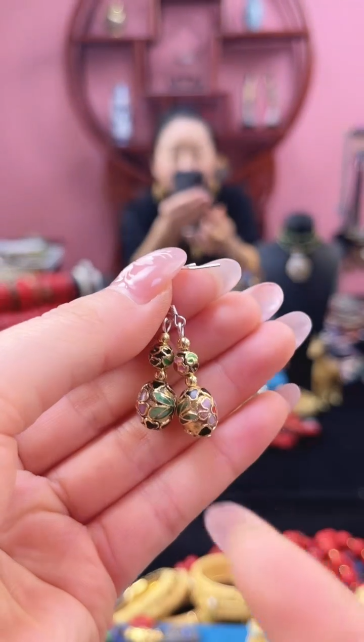 非遗 景泰蓝耳饰 金地枣珠 黑色