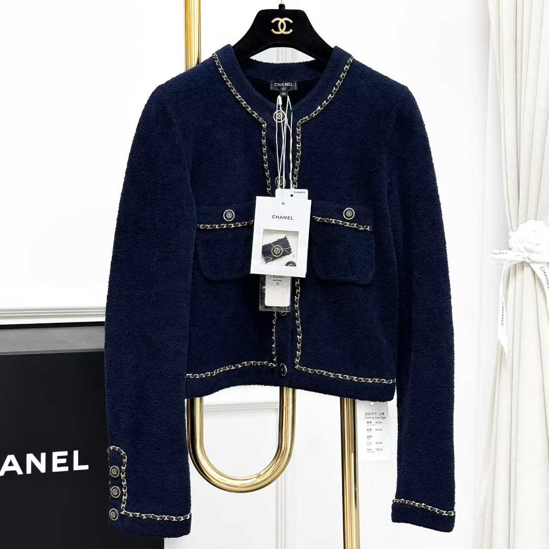 99新 Chanel/香奈儿 34码20C轨道系列深蓝色皮链条毛巾料开衫