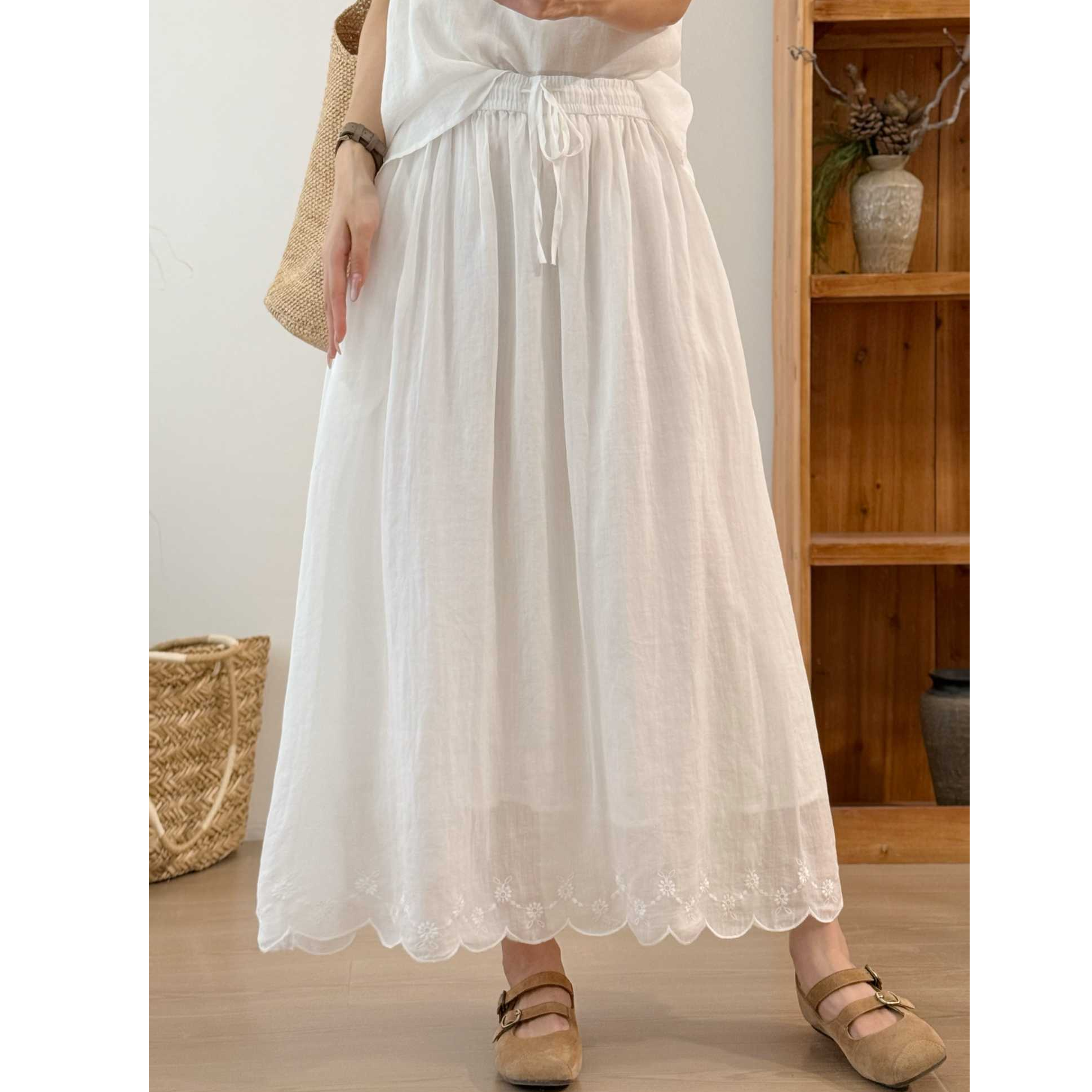 苎麻A字裙大摆裙显瘦长裙纯色半身裙松紧腰带抽绳裙子气质裙女