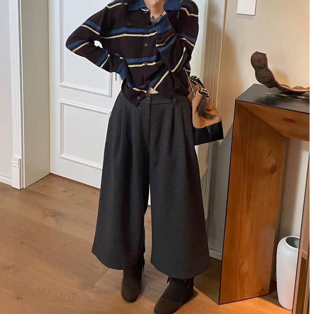 秋冬韩系压褶设计感毛呢高腰显瘦西装八分阔腿裤Y352