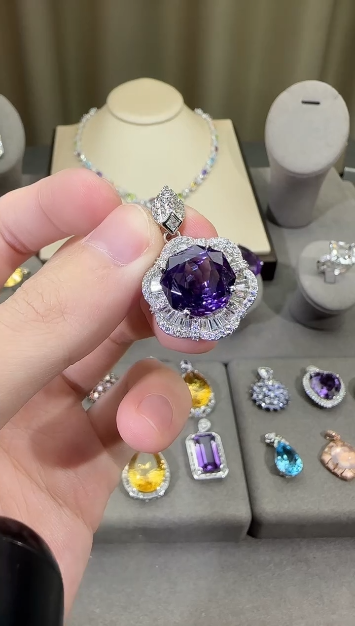 颈饰银S925镶嵌紫晶12mm吊坠玫瑰款