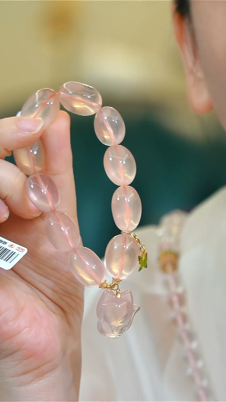 【闪购商品】水晶手链18K金镶嵌粉晶随形18k狐狸单圈手链