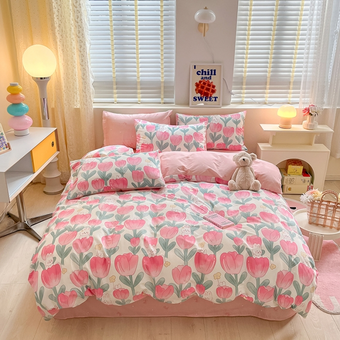 【晴美】全棉印花四件套-郁金粉兔