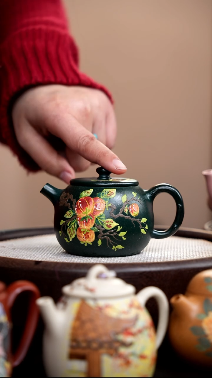 茶壶紫砂柴烧绿泥柿圆泥绘柿子