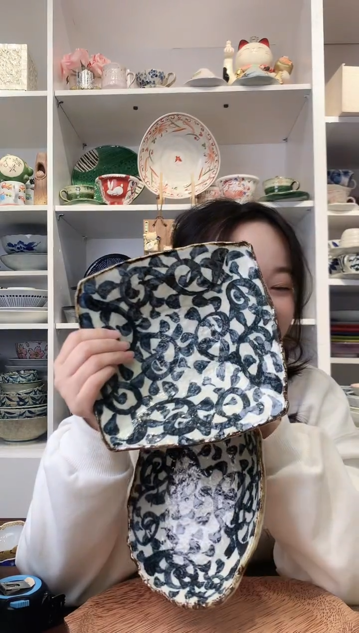 陶瓷粗陶章鱼唐草多用钵+椭圆长盘