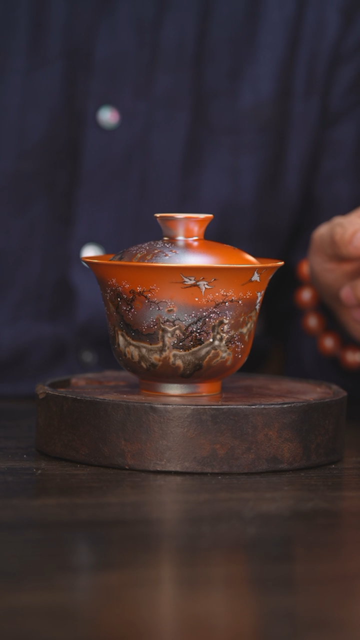 【闪购商品】杯83柴房陶瓷丨金红落灰绘画盖碗