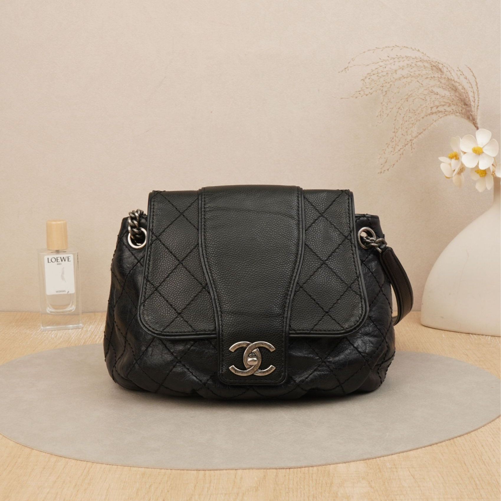 95新 Chanel/香奈儿 香奈儿中古南瓜包元宝黑银牛皮19开/DS037265