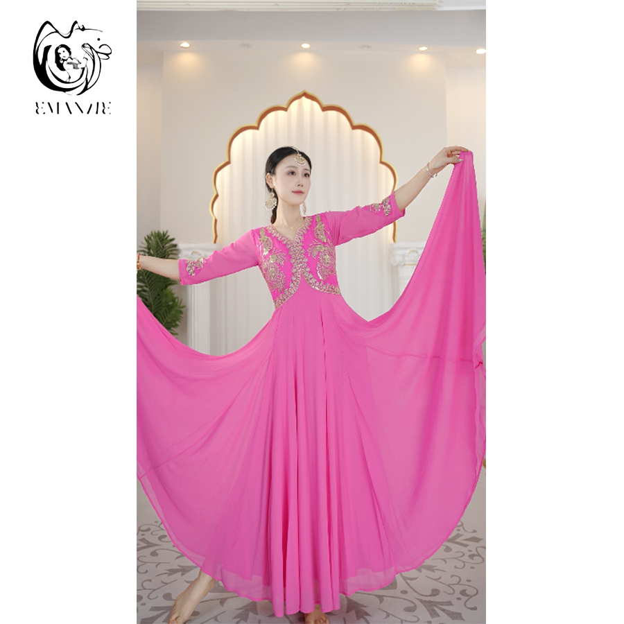 A2708依曼新疆气质连衣裙女大裙摆大码舞蹈服夏季720度大摆连衣裙