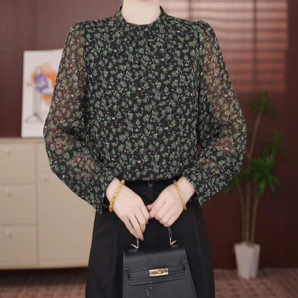翠饶珠围2026新款衬衫碎花减龄女洋气透明薄纱立领气质上衣JA03