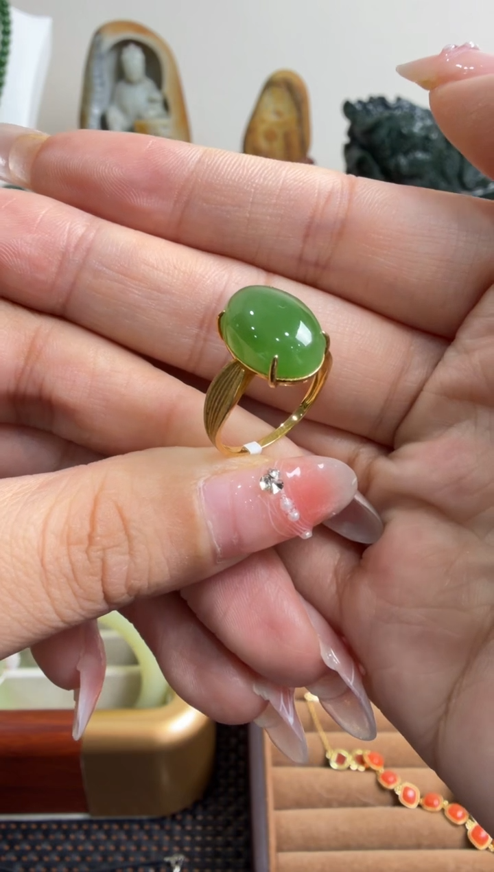 颈饰18K金镶嵌和田玉戒指备注圈口11-19