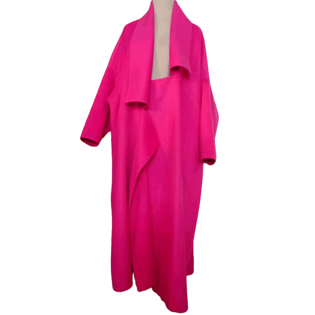 玫红不对称双面毛大衣