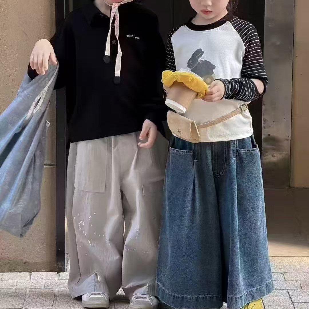 女童卡通条纹拼接T恤阔腿牛仔裤套装
