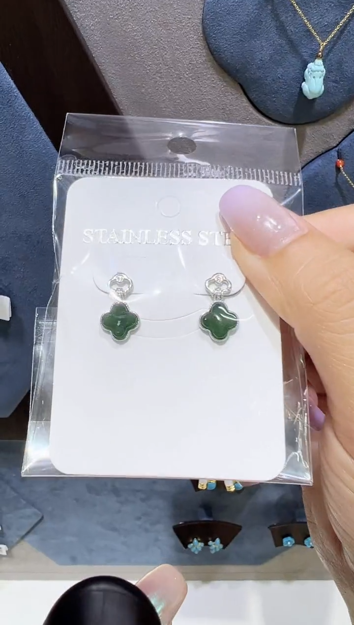 银S925镀金镶嵌和田玉耳饰@@