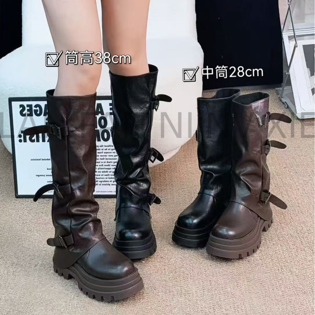 2025年秋季7CM小个子厚底裤管靴女长靴粗跟扣带中筒堆堆靴20-906