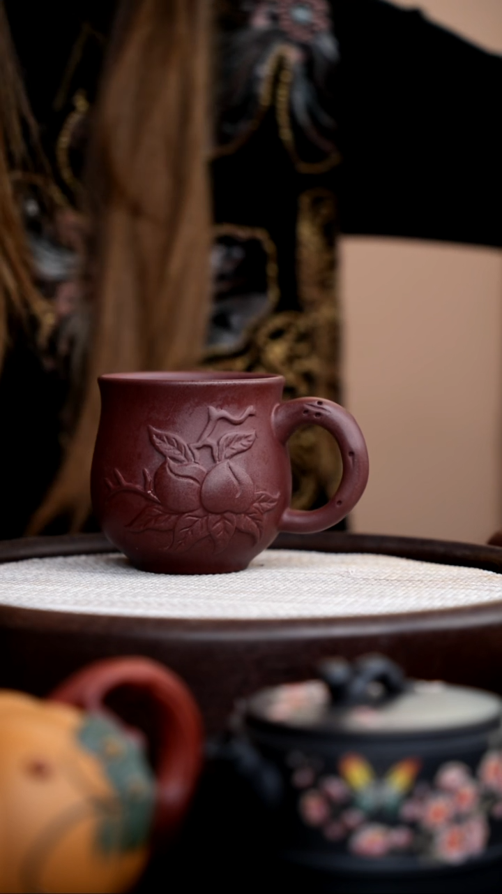 茶壶紫砂紫泥寿桃手把杯