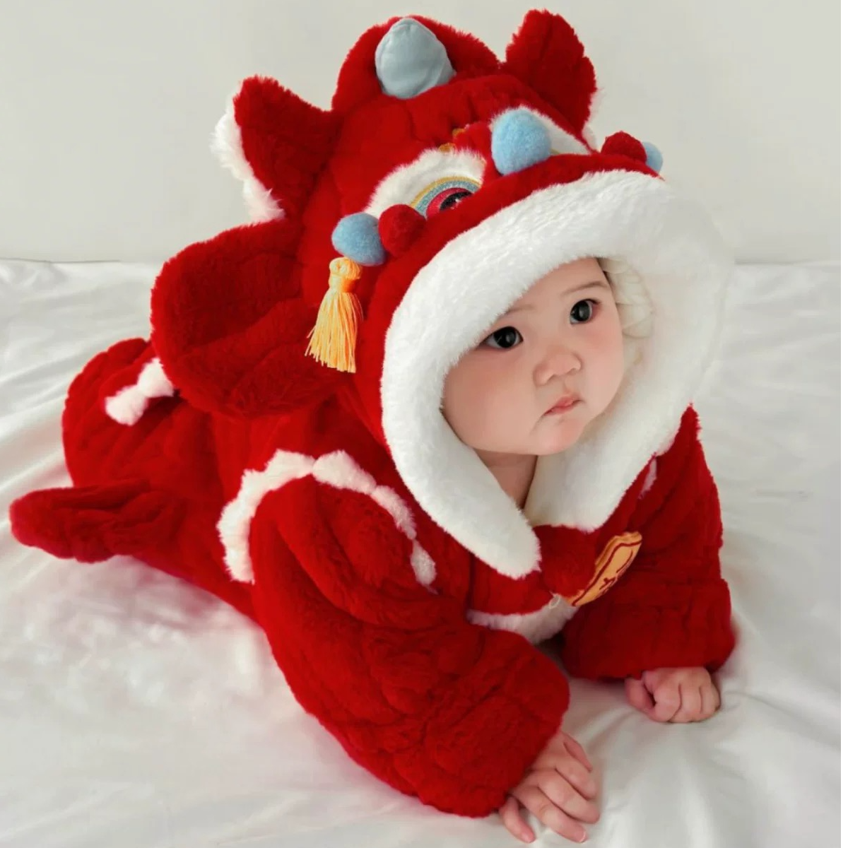 婴儿冬季宝宝拜年服加绒加厚喜庆拜年服超萌连体衣加帽子外出服