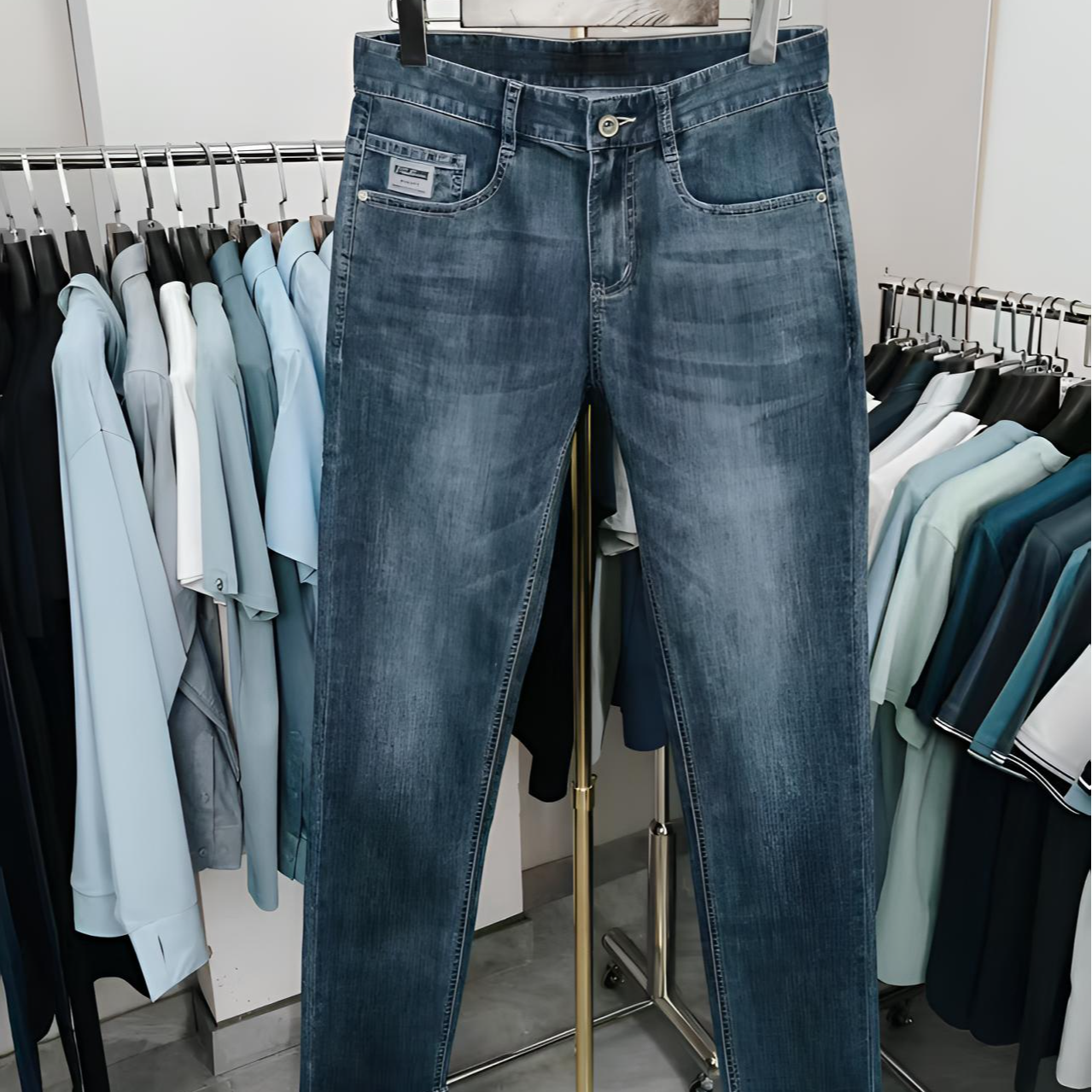 内含薄荷纤维凉感抗菌薄弹力刺绣牛仔裤长裤子修