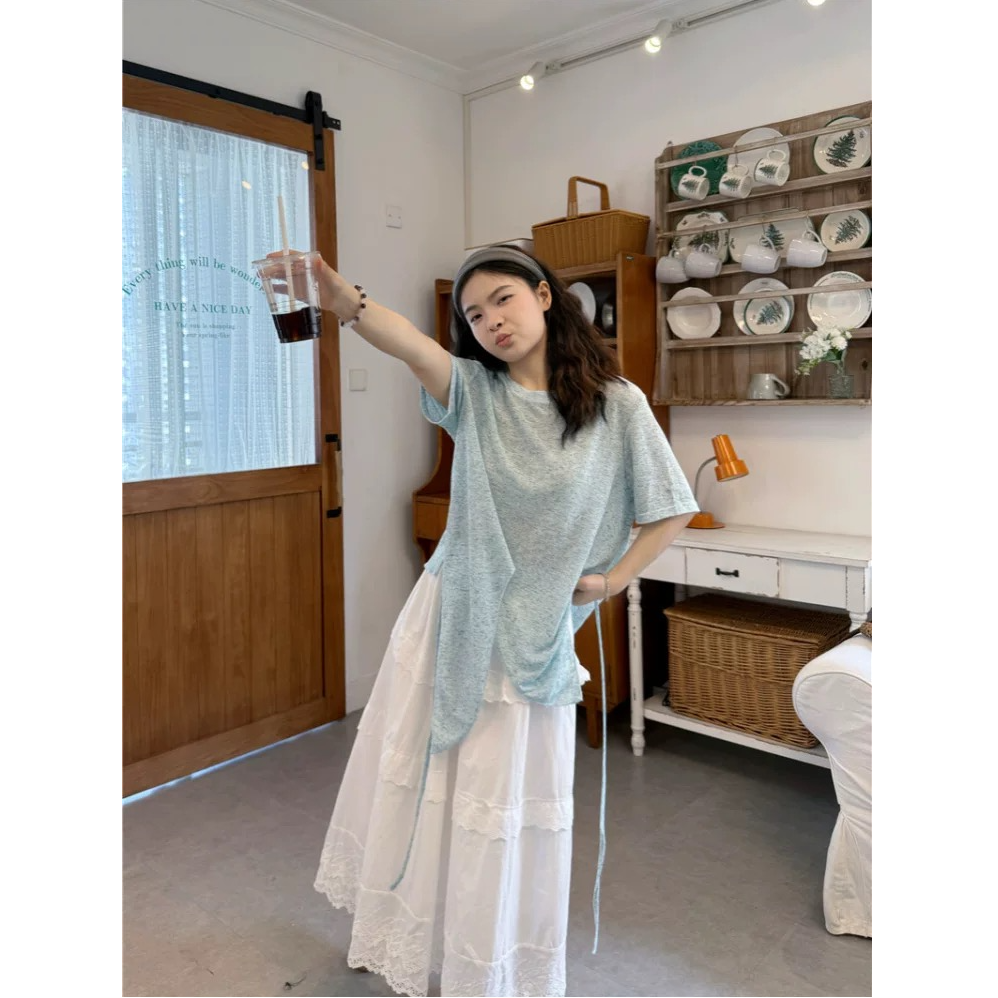 森系清新套装女斜边开叉短袖T恤花边半身裙两件套夏
