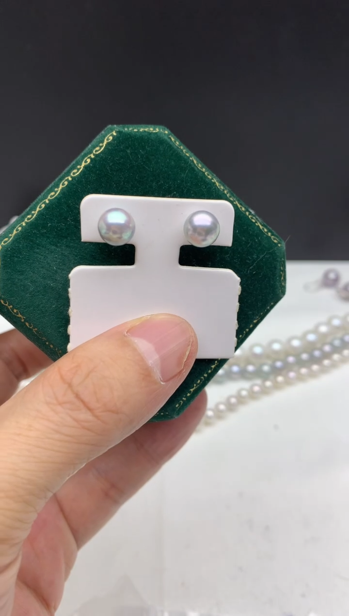 银S925镶嵌ff海水珍珠akoya灰珠耳饰6~7mm