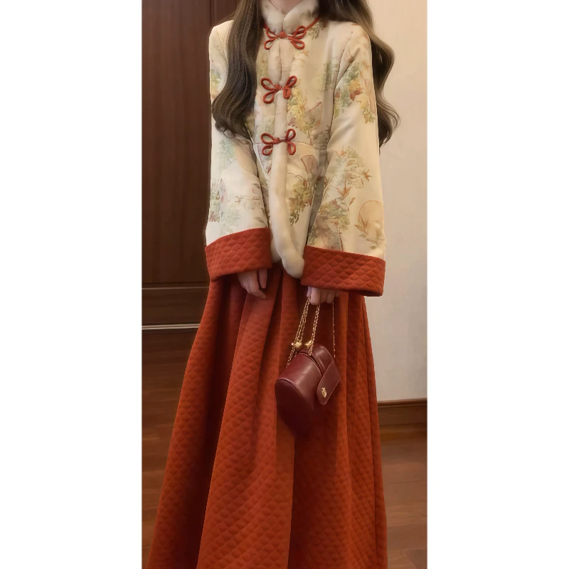 【万福贺岁款】秋冬复古加绒日常可穿旗袍加厚外套鱼尾半身裙套装