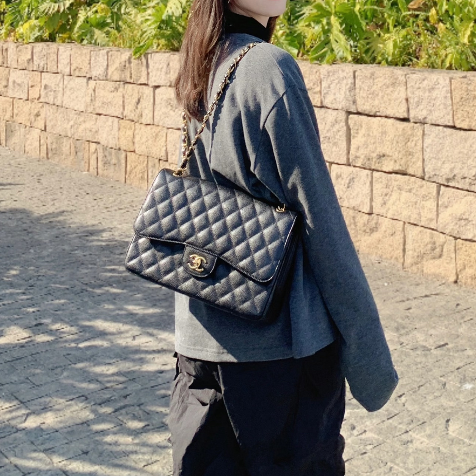 99新 Chanel/香奈儿 蔚蓝/黑金 荔枝牛皮 jumbo CF 链条包 18开