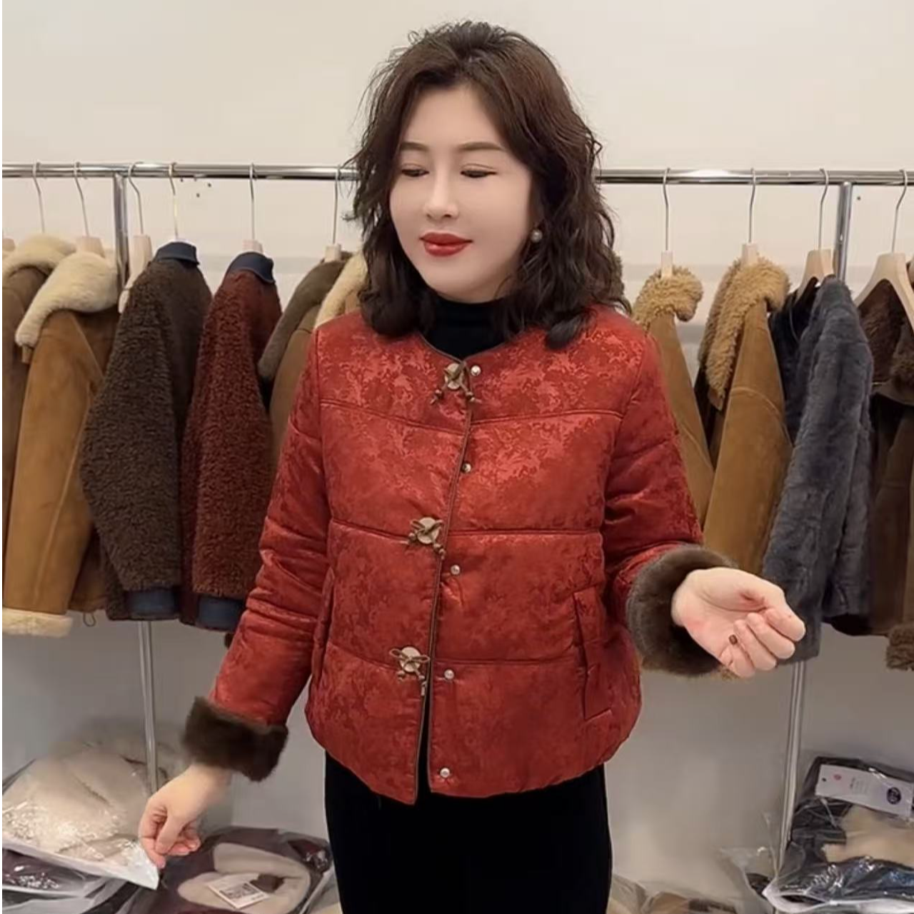 圆领国风袖口毛毛棉服加厚ins短款外套冬季