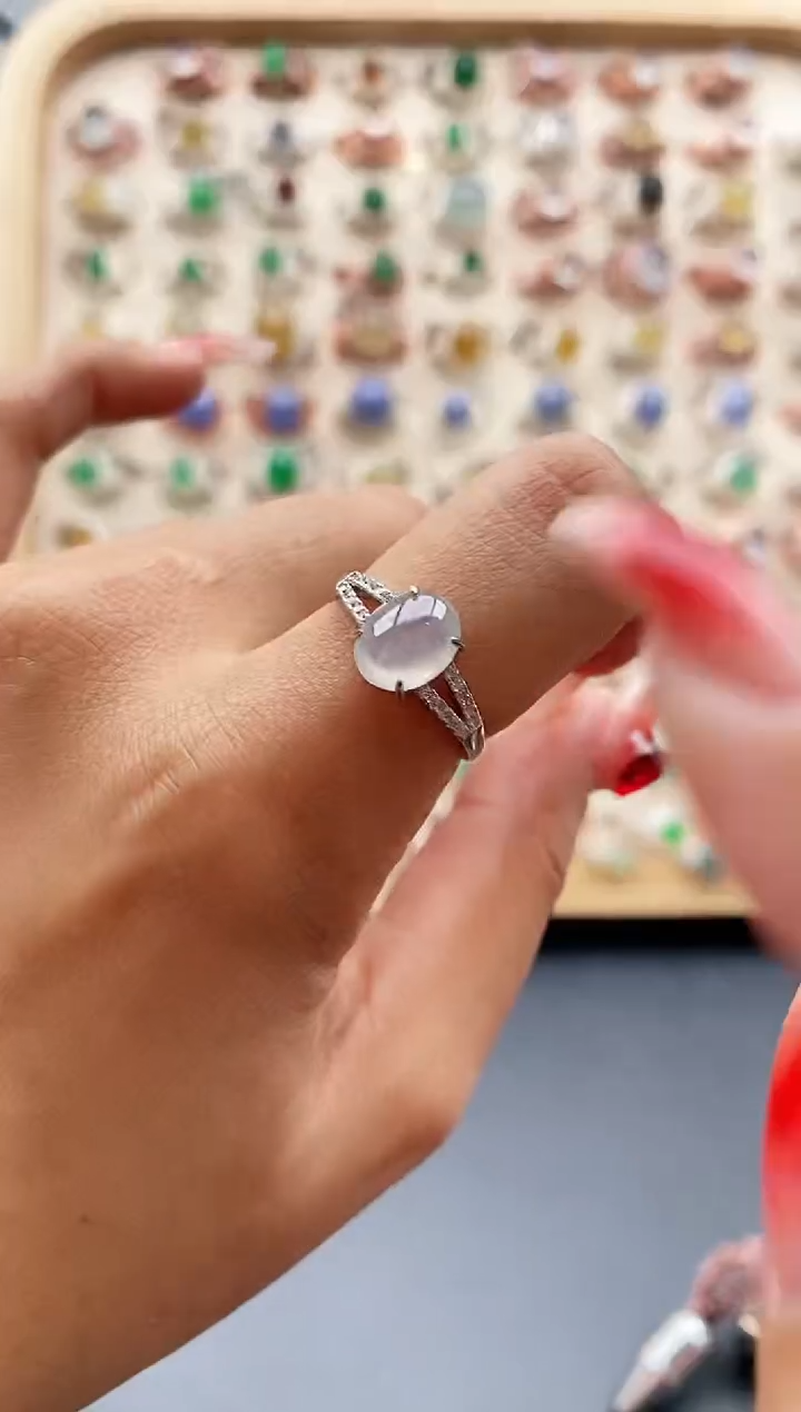 【闪购商品】翡翠戒指银S925镶嵌缅甸天然A货翡翠222 8+4