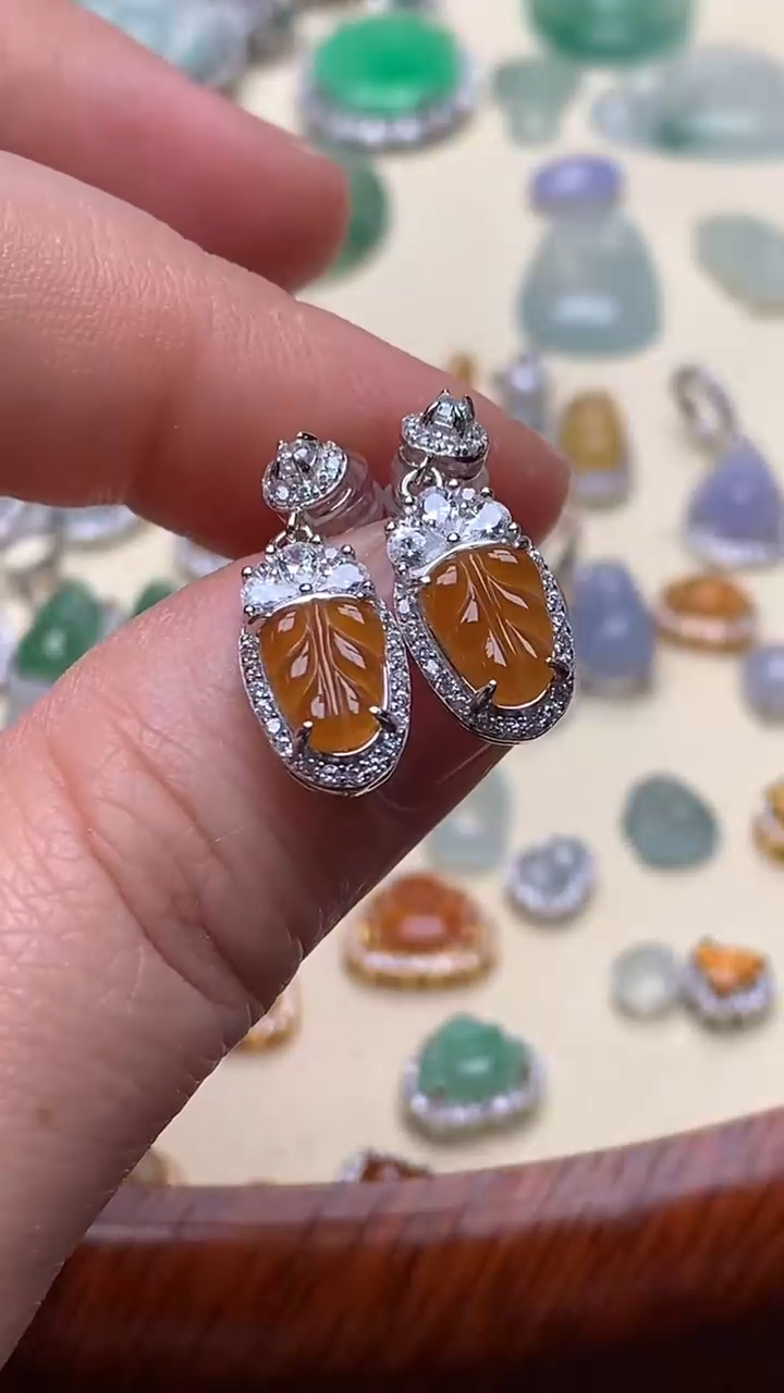 【闪购商品】翡翠耳饰银S925镶嵌翡翠镶嵌叶子耳饰