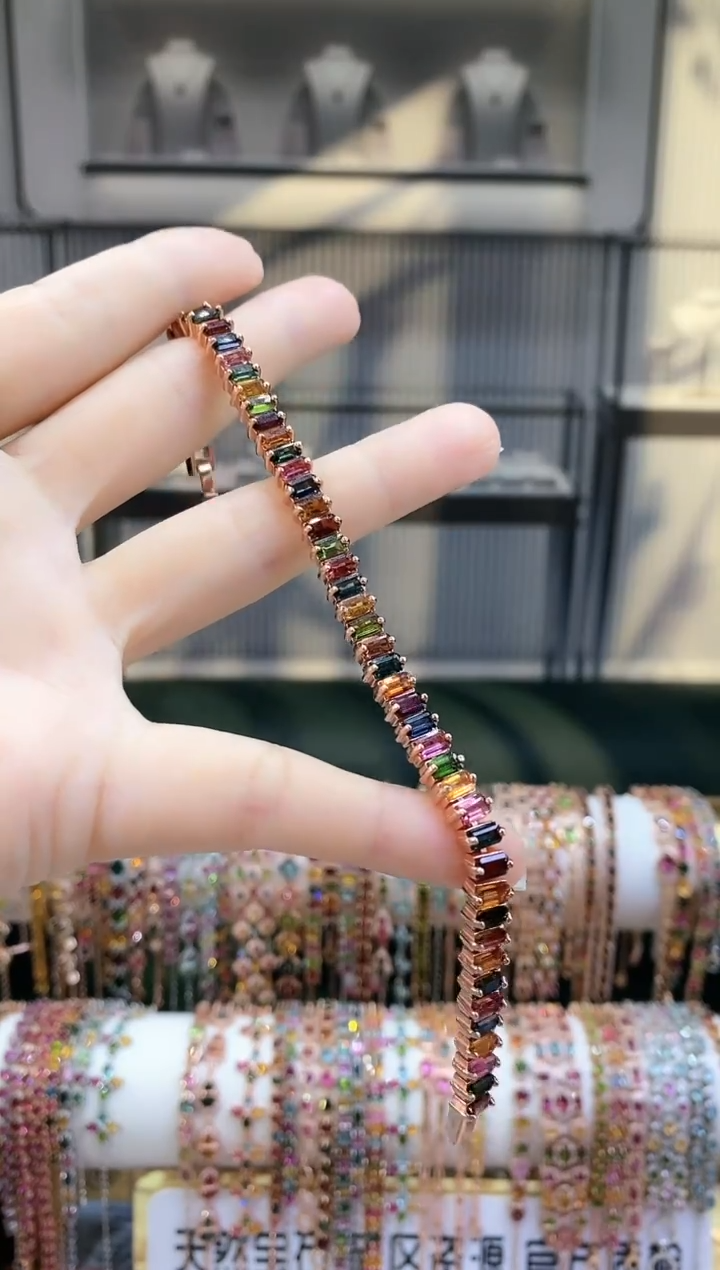 银S925镶嵌手链碧玺诸**心6666666666