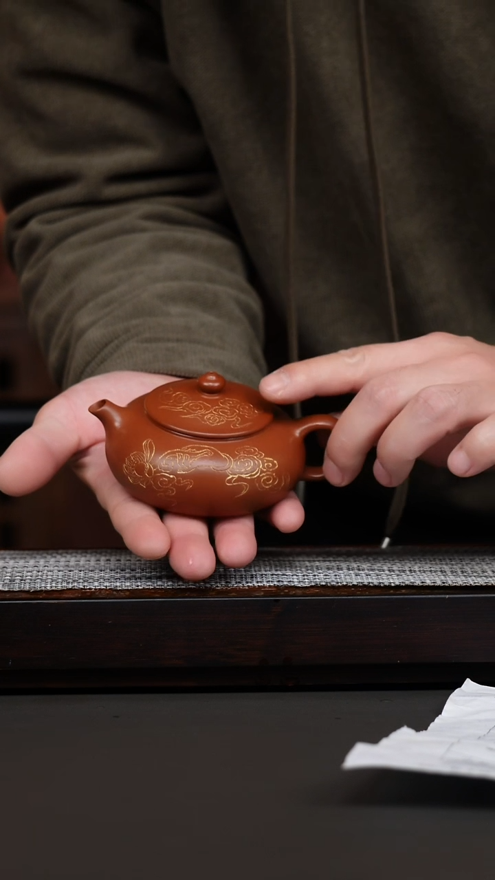 茶壶紫砂赵庄鹅黄朱泥刻绘寒江