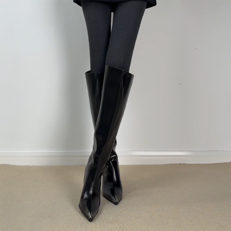 新款真皮尖头坡跟擦色时装靴显瘦高筒骑士靴秋冬时尚感高品质长靴