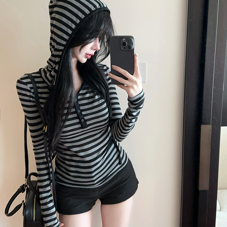 【现货24h+运补4-6】2025秋冬复古条纹连帽长袖修身显瘦慵懒上衣女