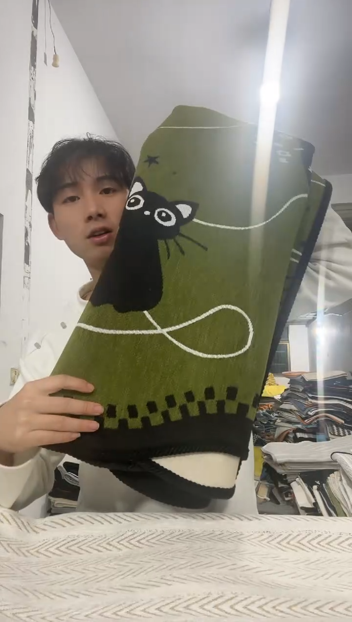 雪尼尔90*260   绿色猫