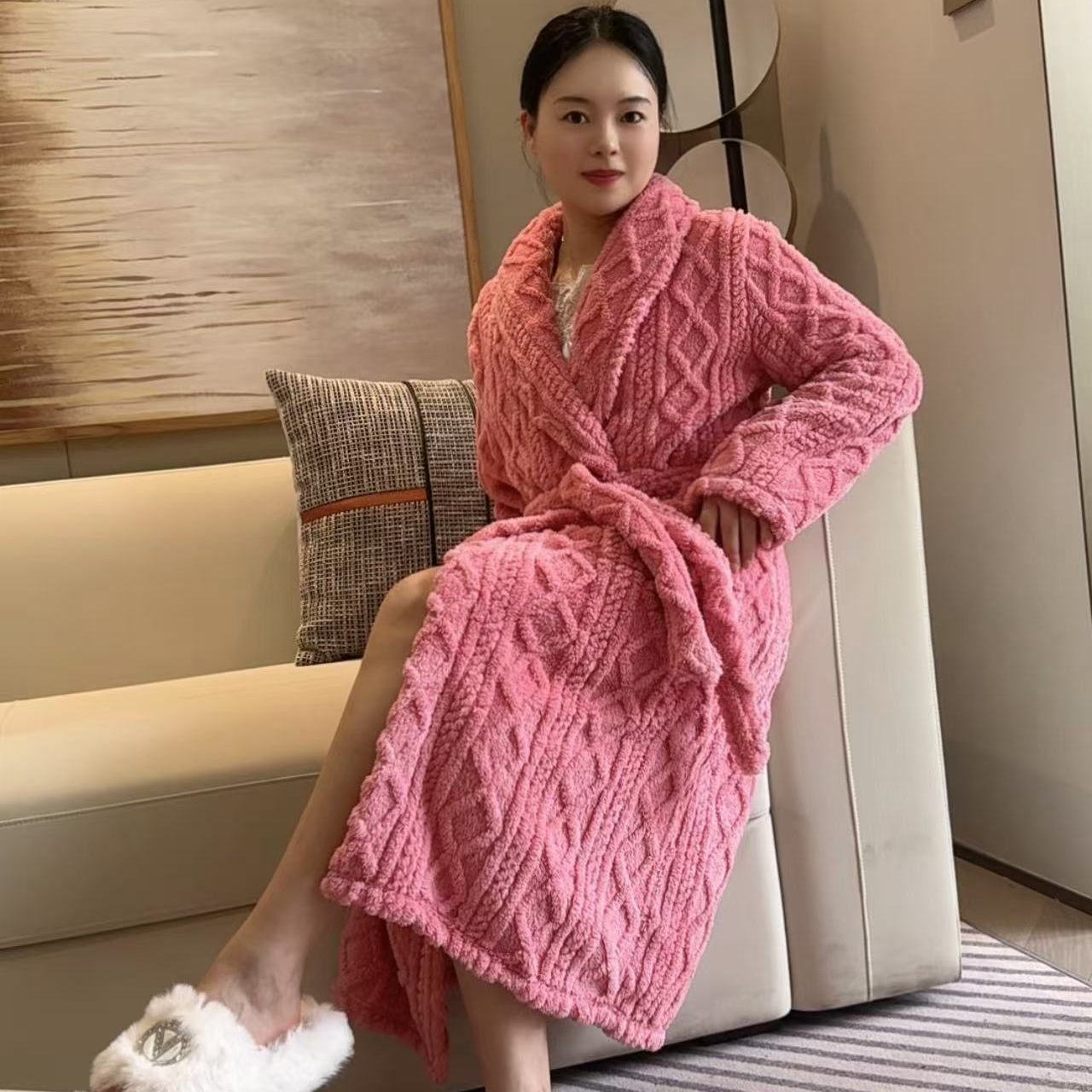 睡袍晨袍厚款女纯色冬季保暖家居服秋冬长袖宽松甜美女款