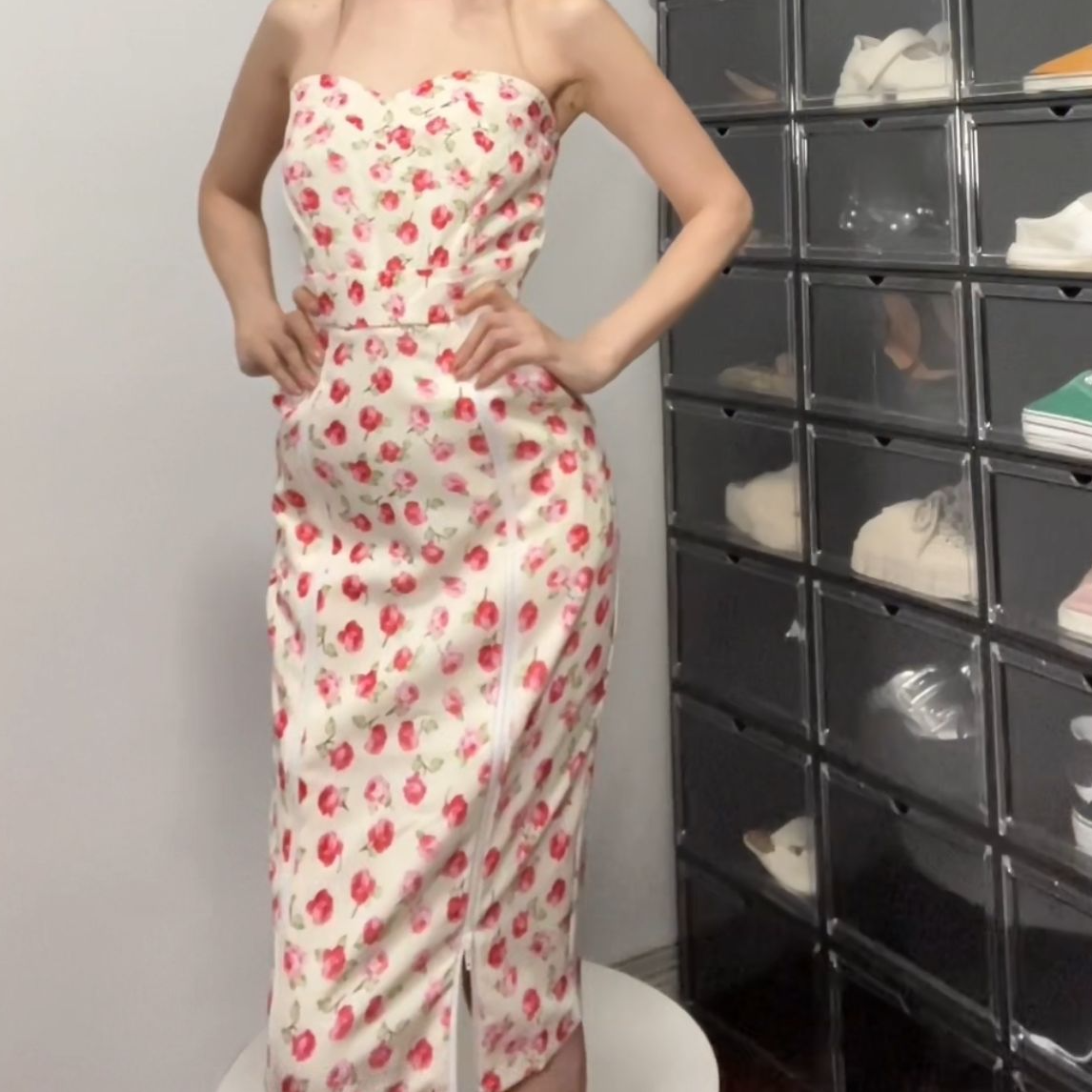 玫瑰花碎花抹胸拉链修身显瘦气质抹胸连衣裙裙子