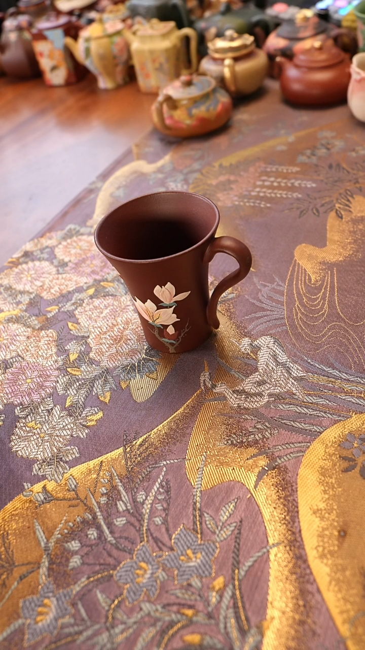 茶壶紫砂紫泥玉兰花把手杯