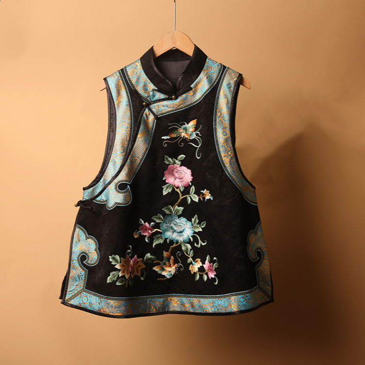 240036新中式民族风重工刺绣复古斜襟立领双层中国风马甲