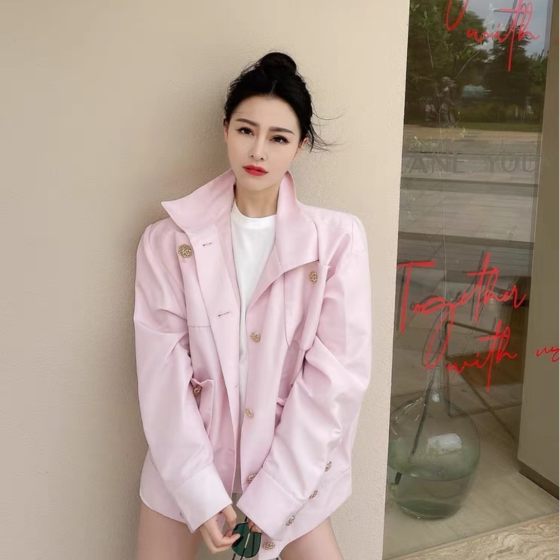 95新 Chanel/香奈儿 IW0358 浅粉色棉质翻领单排扣夹克外套 XXS码