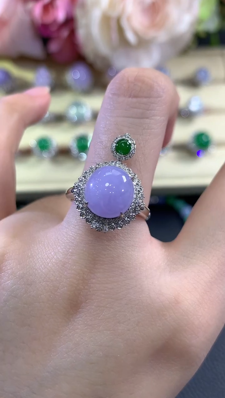 18K金镶嵌戒指翡翠b130紫货有色差多样性一件发