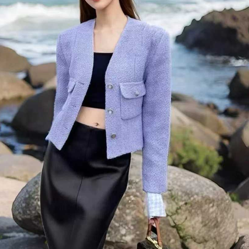 99新 Chanel/香奈儿  40码24A紫色软呢衬衫袖V领短款收腰外套