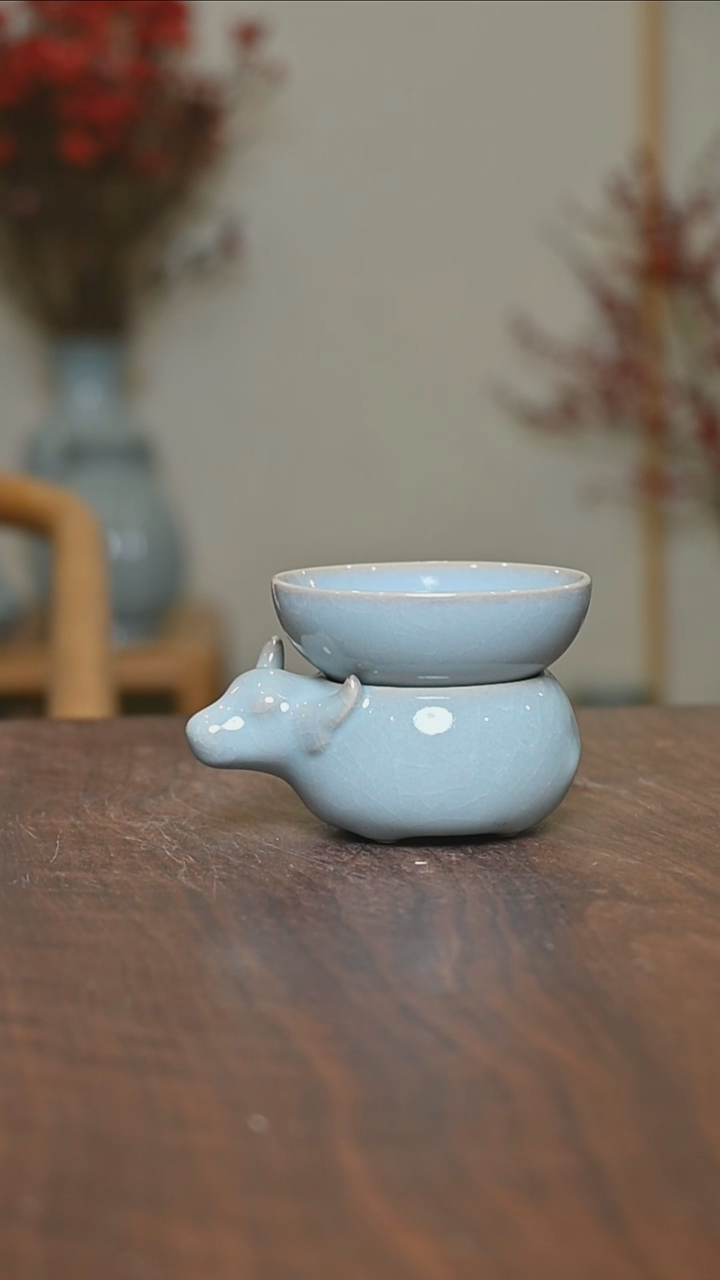 【闪购商品】其他微瑕天青釉朱家汝窑款黑角卧牛茶漏