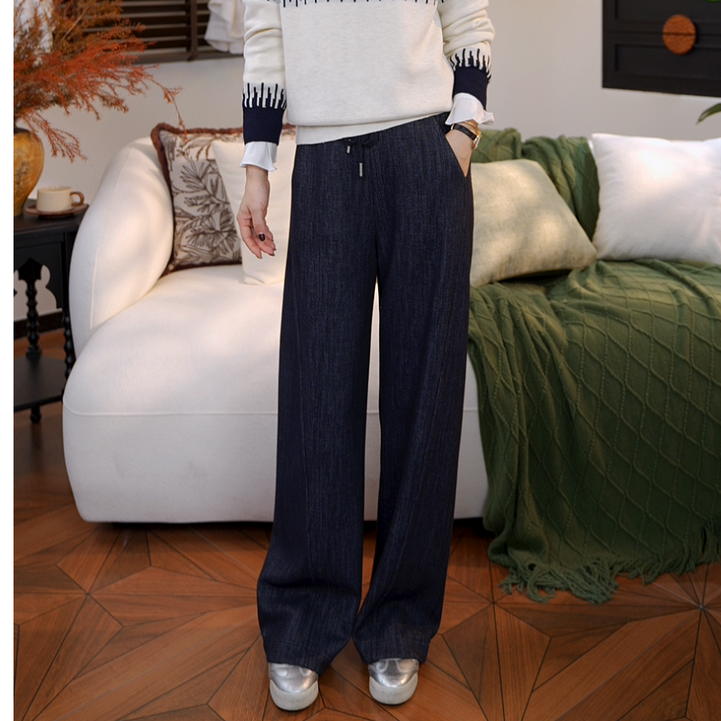 【橙蜜客】云褶雾蓝  松弛显瘦休闲百搭一体绒休闲卫裤2554K000621