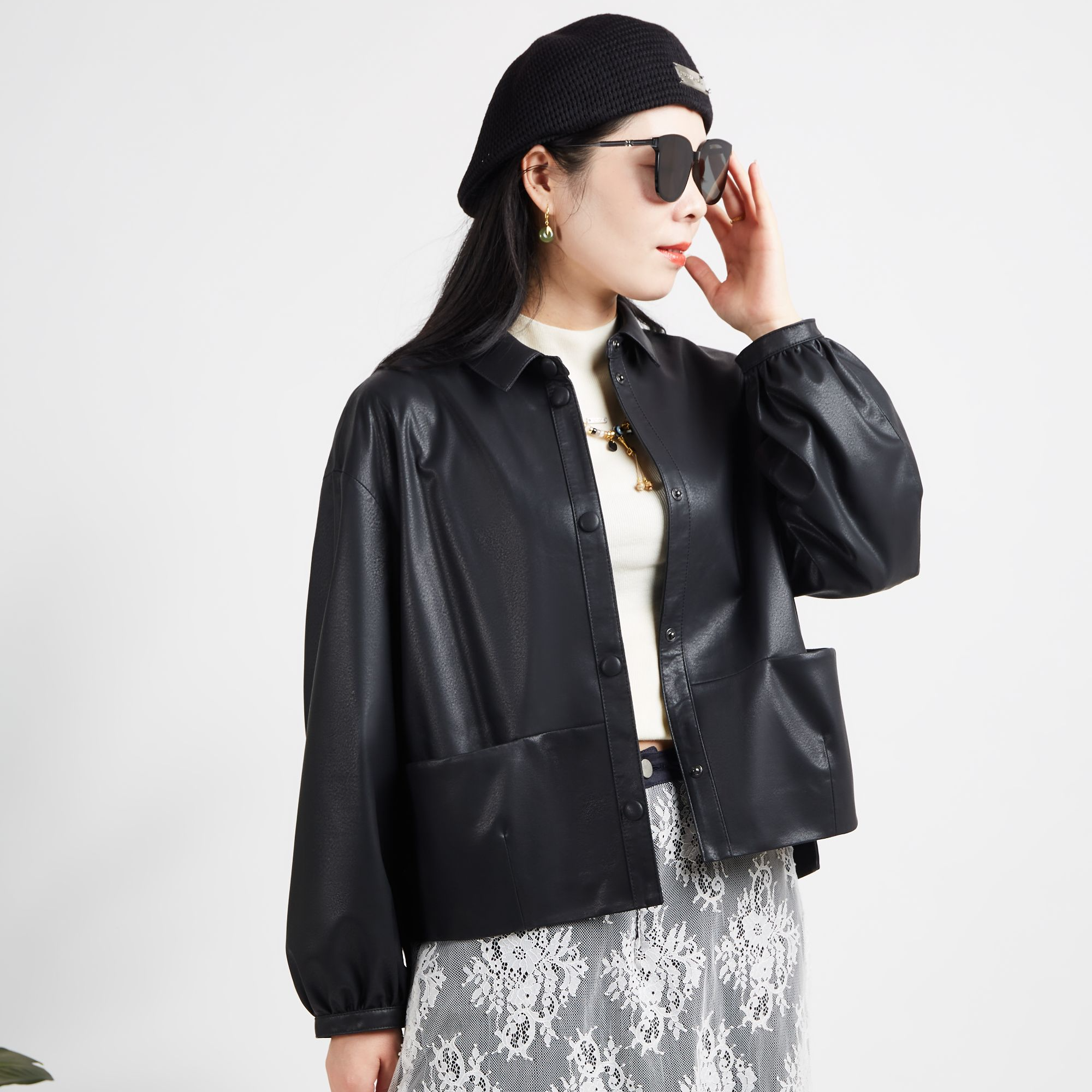 2025海宁新款翻领单皮皮衣气质百搭皮外套真皮绵羊皮