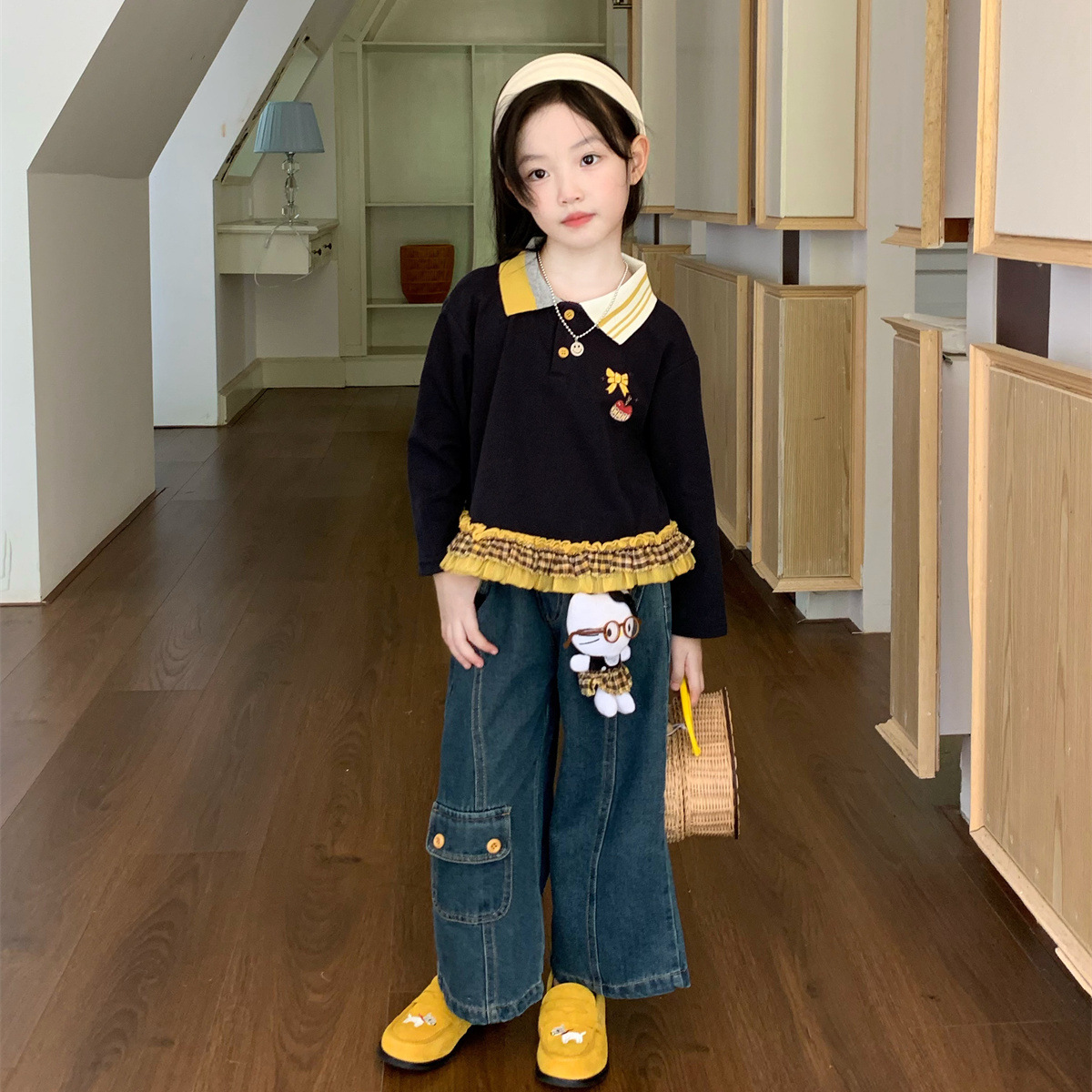 空空子.Studio【花边POLO领】2025秋新款女童洋气打底衫直筒裤套装