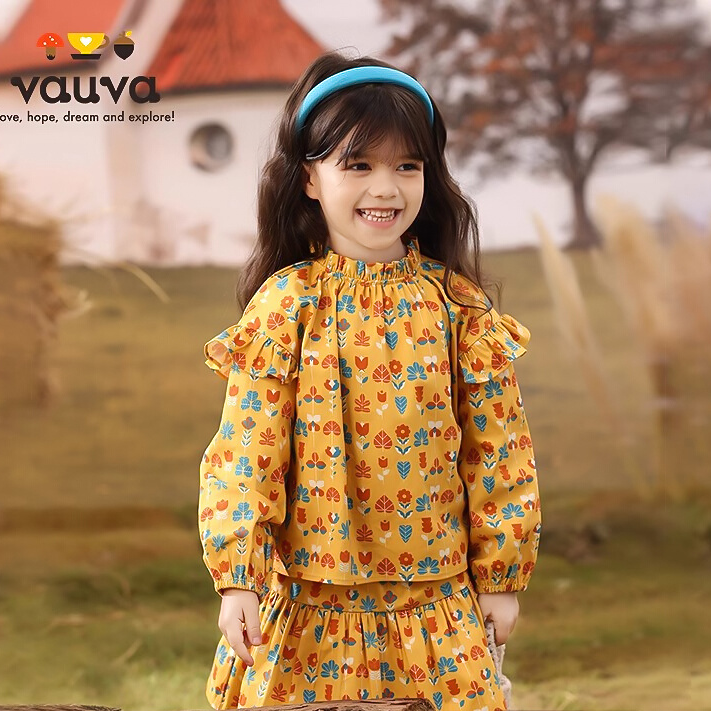 VAUVA【香港专柜】女童上衣娃娃衫儿童长袖花衬衫碎花洋气