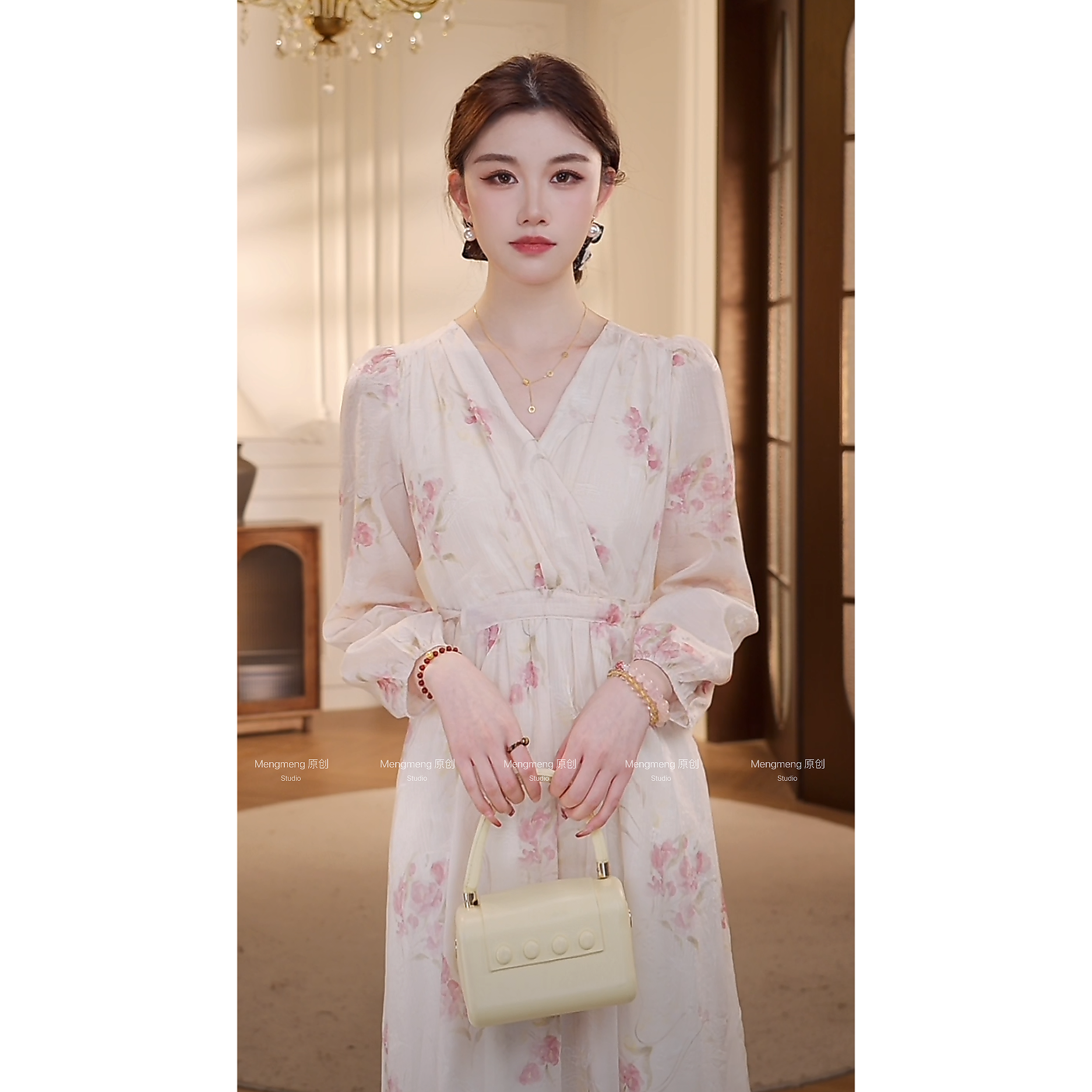 【梦梦&GERTC】繁花 淑女风印花挂脖式收腰显瘦连衣裙 WG251L1018