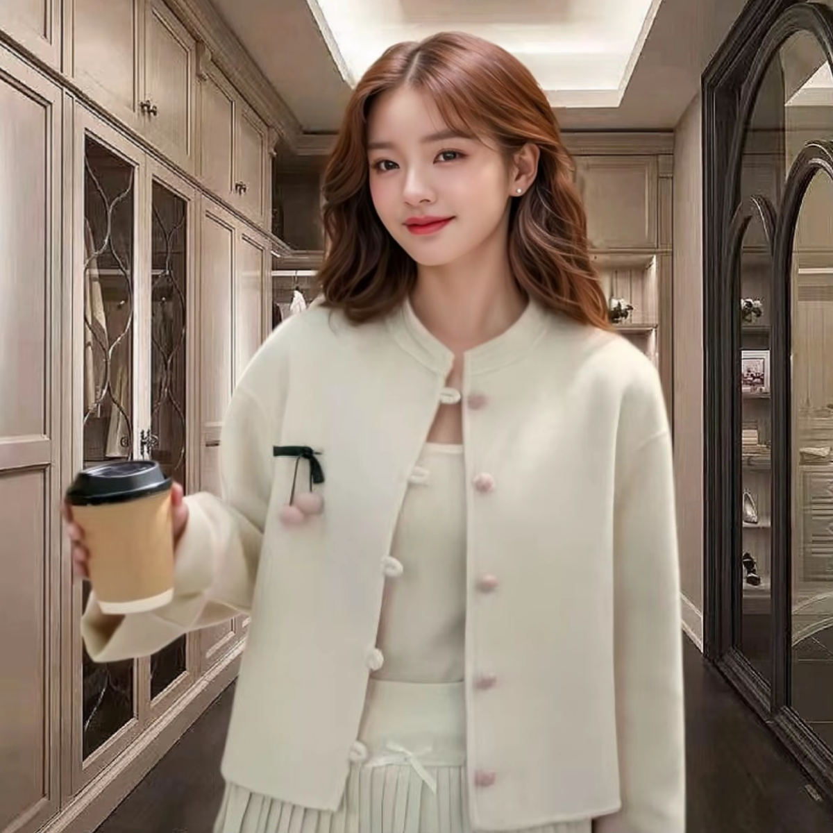 【卡蔻】6557毛呢短款樱桃挂坠羊毛大衣（衣长59左右）