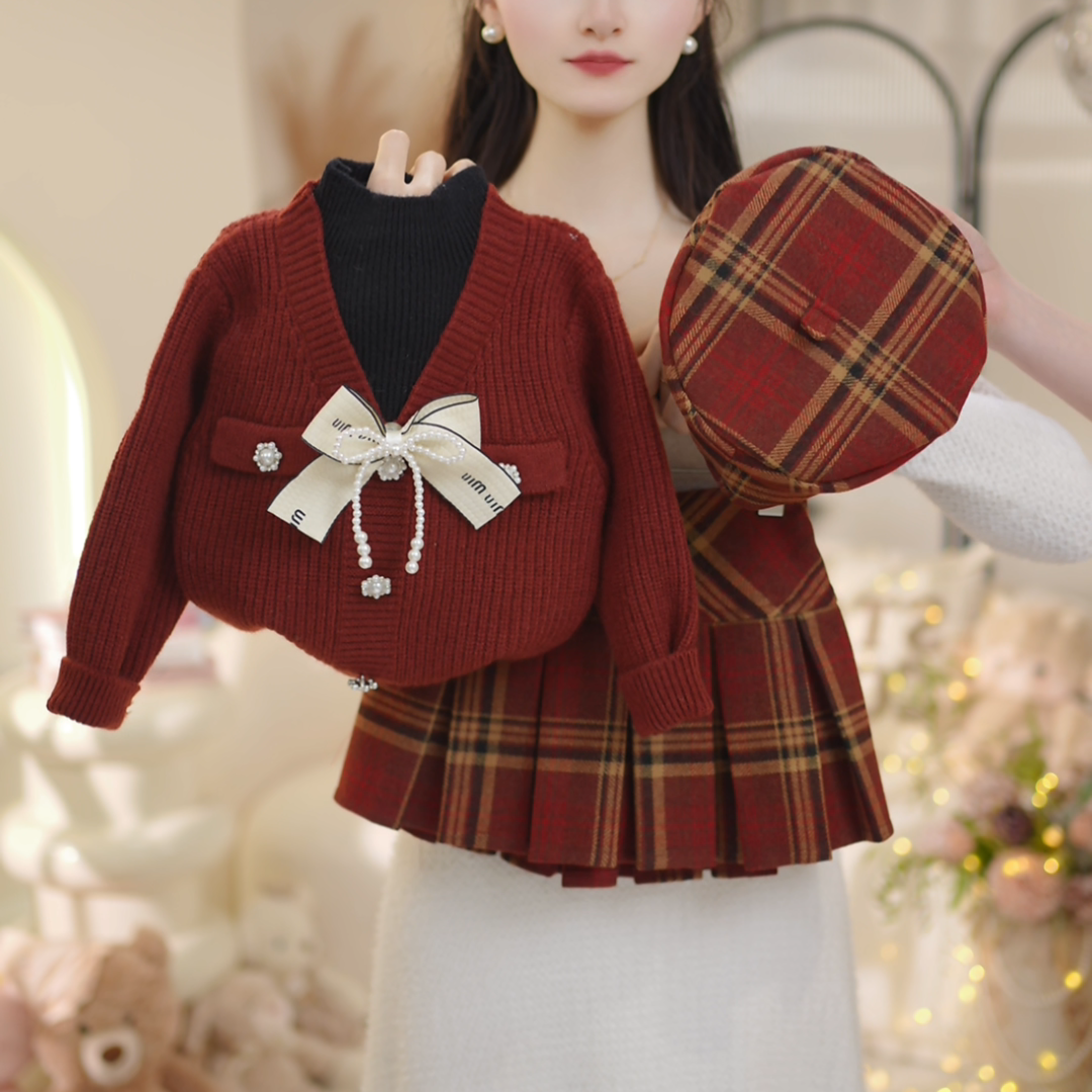 女童2026冬季新款圣诞节限定毛衣加厚百褶格子半身裙C25138