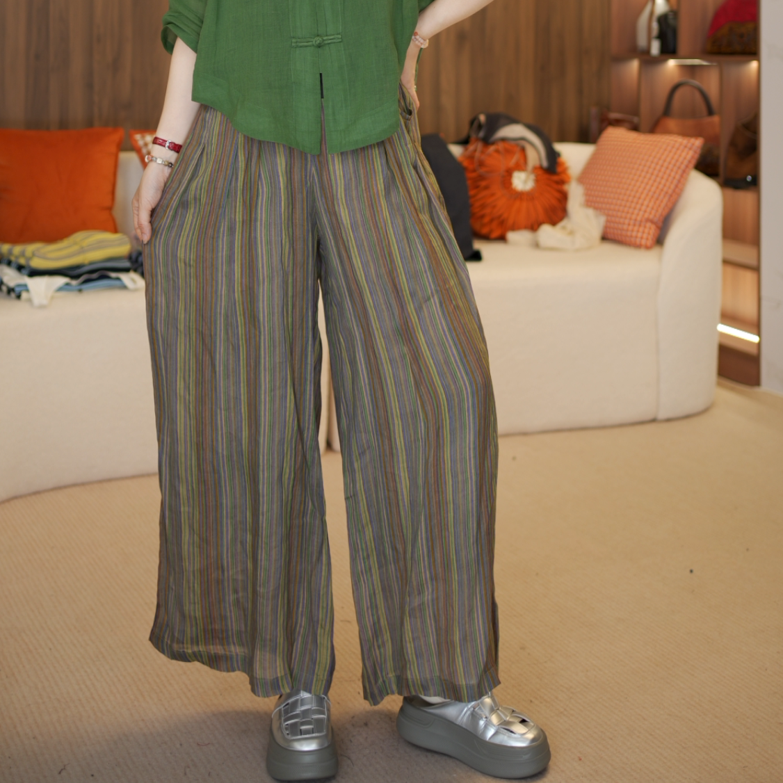 100苎麻直筒裤薄款夏休闲风高腰休闲裤百褶阔腿裤显瘦时尚条纹裤